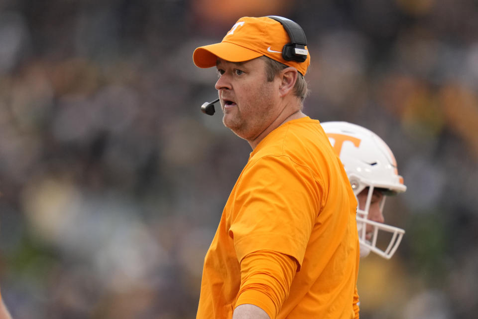 Tennessee head coach Josh Heupel watches from the sidelines during the first half of an NCAA college football game against Missouri Saturday, Nov. 11, 2023, in Columbia, Mo. (AP Photo/Jeff Roberson)