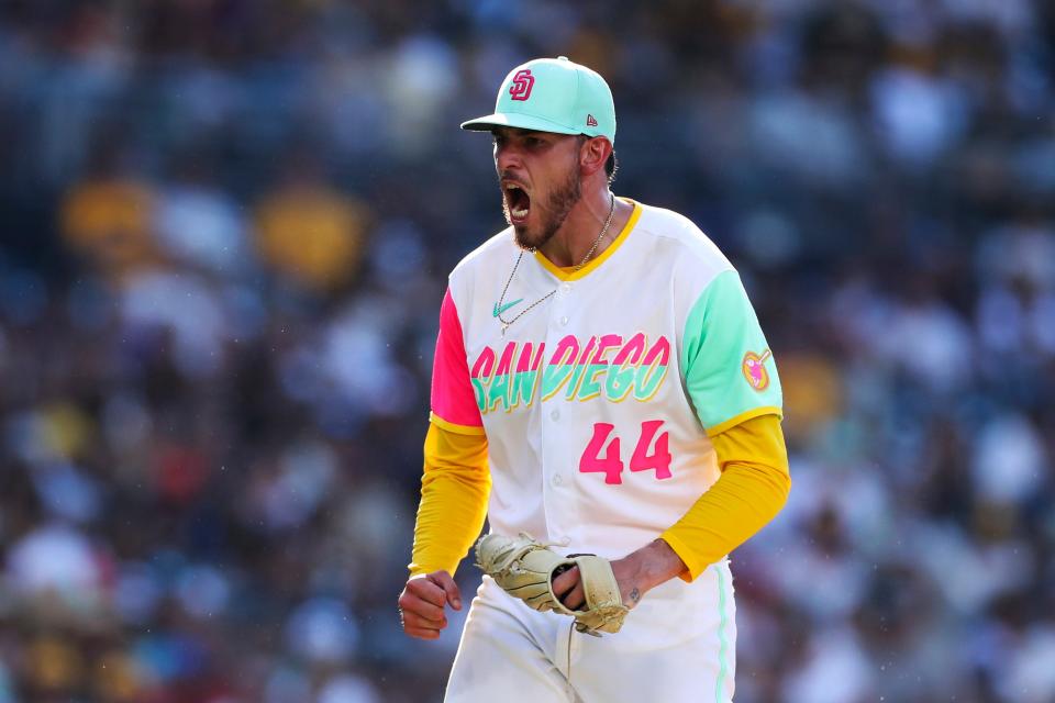 San Diego Padres starting pitcher Joe Musgrove reacts after striking out Minnesota Twins' Carlos Correa during the fifth inning of a baseball game Saturday, July 30, 2022, in San Diego. (AP Photo/Derrick Tuskan)