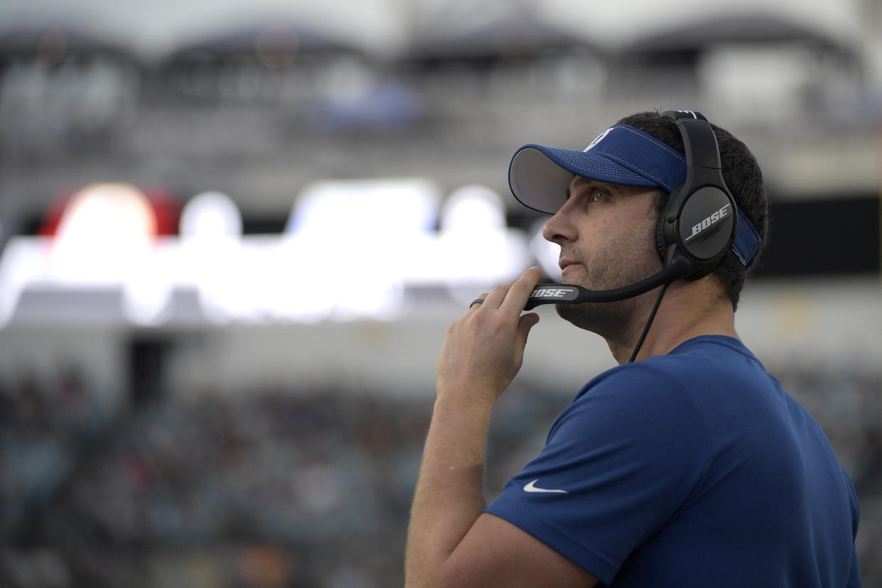 Indianapolis Colts offensive coordinator Nick Sirianni watches from the sideline during the first half of an NFL football game against the Jacksonville Jaguars Sunday, Dec. 29, 2019, in Jacksonville, Fla. (AP Photo/Phelan M. Ebenhack)