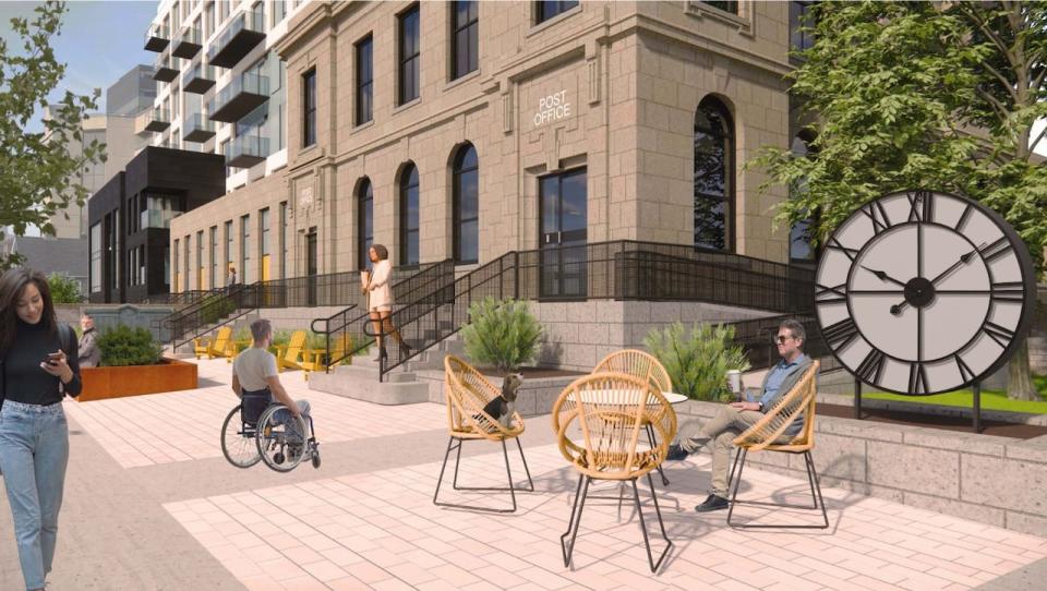 A rendering of the future development called The Post, seen from the corner of Queen and Wentworth streets, shows the former post office heritage building and public space. 