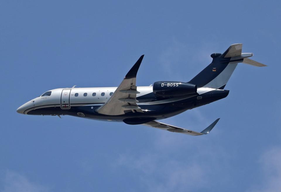 An Embraer Praetor 600, operated by Air Hamburg, is taking off from Barcelona Airport in Barcelona, Spain, on June 27, 2023