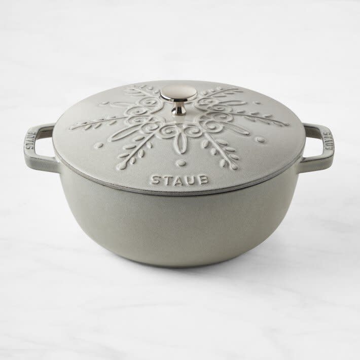 light grey Staub Enameled Cast Iron Essential French Oven with Snowflake Lid