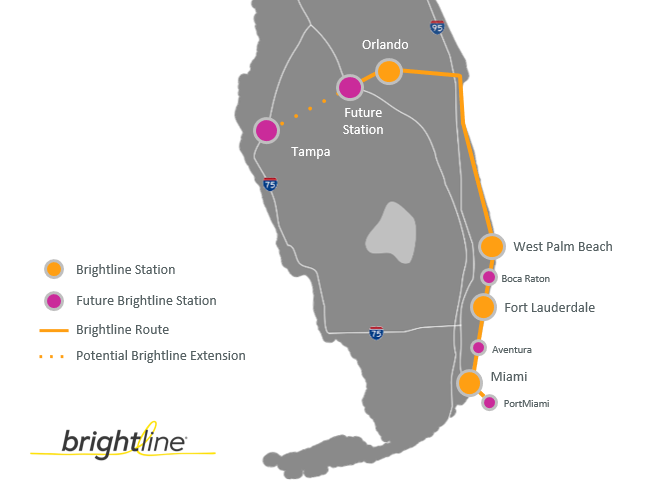 This map shows Brightline's proposed passenger rail expansion plan across Florida by 2028.