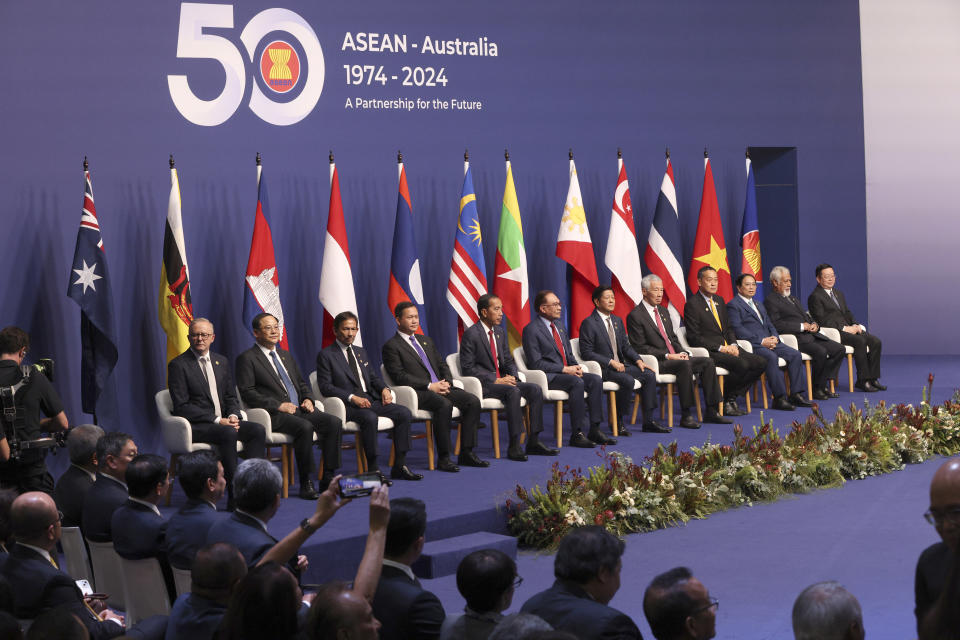 Members of ASEAN pose for a photo during the Association of Southeast Asian Nations, ASEAN-Australia Special Summit in Melbourne, Australia, Tuesday, March 5, 2024. From left, the Prime Minister of Australia Anthony Albanese, the Prime Minister of Lao, Sonexay Siphandone, the Sultan of Brunei, Haji Hassanal Bolkiah, the Prime Minister of Cambodia, Samdech Hun Manet, the Indonesian President Joko Widodo, the Prime Minister of Malaysia, Anwar Ibrahim, the President of the Philippines, Ferdinand Marcos Jr., the Prime Minister of Singapore, Lee Hsien Loong, the Prime Minister of Thailand, Srettha Thavisin, the Prime Minister of Vietnam, Pham Minh Chinh, the Prime Minister of Timor-Leste, Xanana Gusmao, and the Secretary General of ASEAN Dr Kao Kim Hourn. (AP Photo/Hamish Blair)