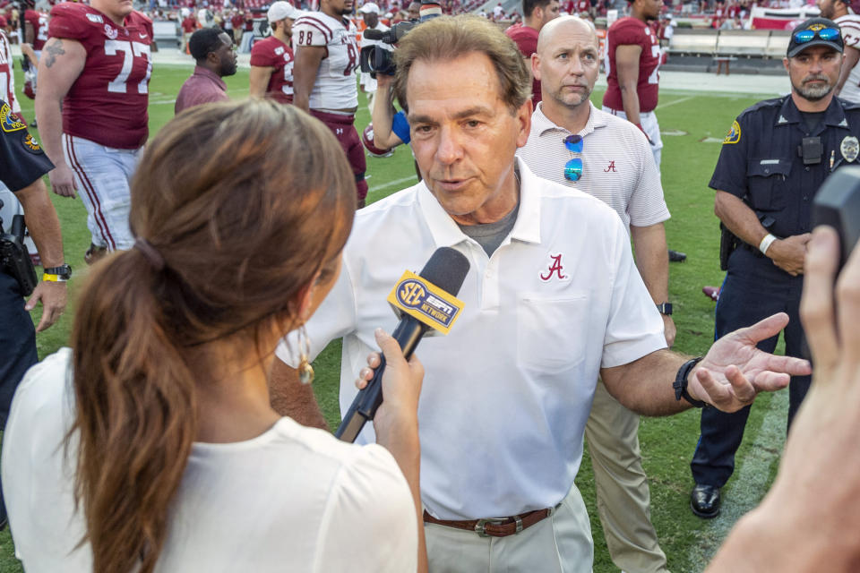 Alabama head coach Nick Saban talks with ESPN after a win over New Mexico State in an NCAA college football game Saturday, Sept. 7, 2019, in Tuscaloosa, Ala. (AP Photo/Vasha Hunt)