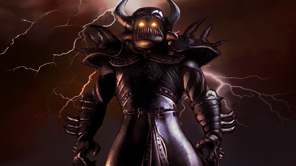 Baldur's Gate protagonist stands ominously in full, spiky armour, lightning coursing through the sky behind him.