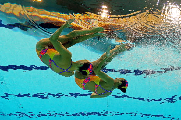 LONDON, ENGLAND - AUGUST 05: Gagnon Boudreau and Elise Marcotte of Canada compete in the Women's Duets Synchronised Swimming Technical Routine on Day 9 of the London 2012 Olympic Games at the Aquatics Centre on August 5, 2012 in London, England. (Photo by Clive Rose/Getty Images)
