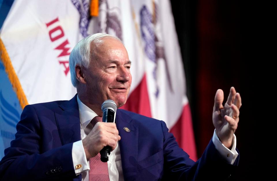 Republican presidential candidate and former Arkansas Gov. Asa Hutchinson speaks at the Iowa Faith & Freedom Coalition's fall banquet, Saturday, Sept. 16, 2023, in Des Moines.