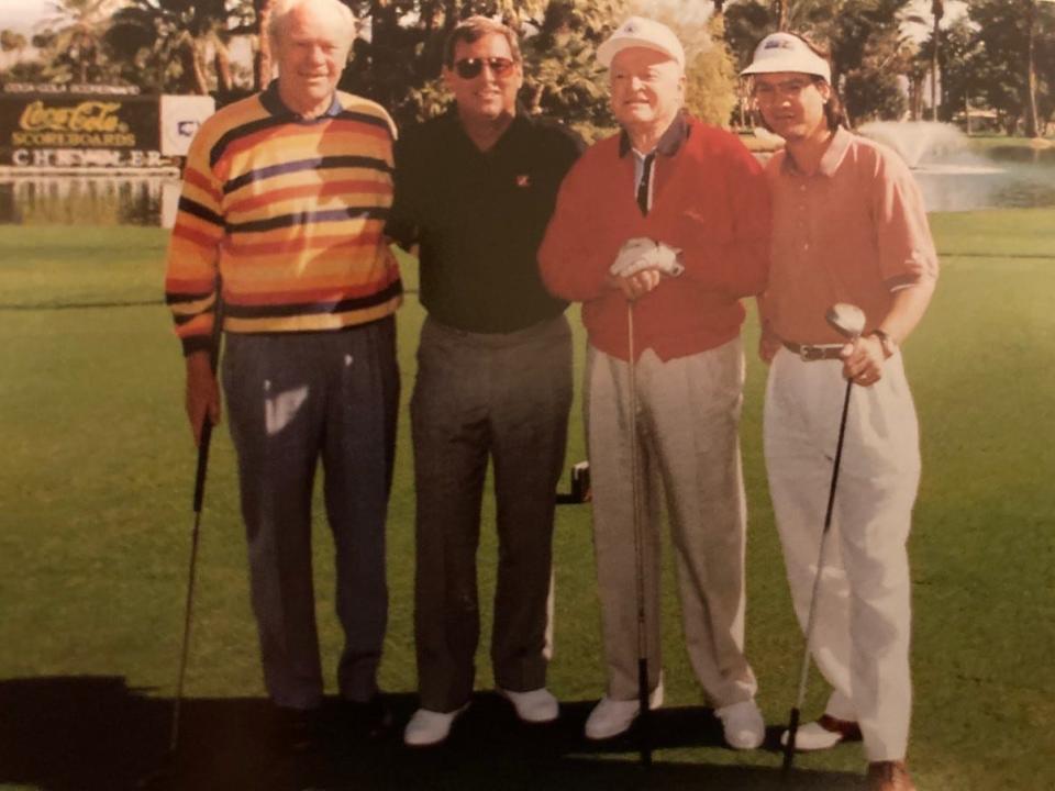 How's this for a foursome, from left: Gerald ford, Fuzzy Zoeller, Bob Hope and Eddie Van Halen.