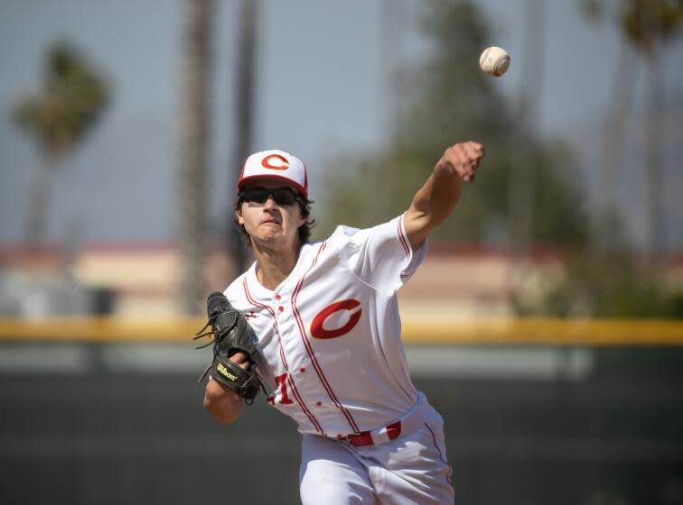 Corona, CA - May 12: Corona starting pitcher Ethan Schiefelbein delivers a pitch against Notre Dame (SO) during the Southern Section Division 1 quarterfinal game at Corona High School in Corona Friday, May 12, 2023. (Allen J. Schaben / Los Angeles Times)