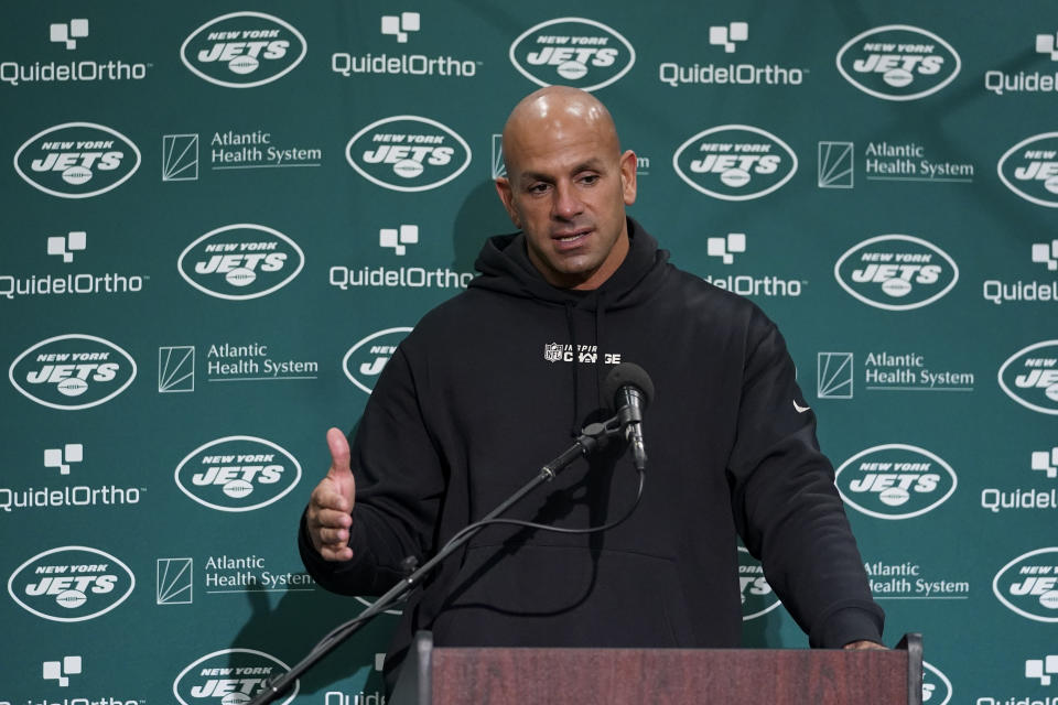 New York Jets head coach Robert Saleh speaks at a news conference after an NFL football game against the Seattle Seahawks, Sunday, Jan. 1, 2023, in Seattle. (AP Photo/Godofredo A. Vásquez)