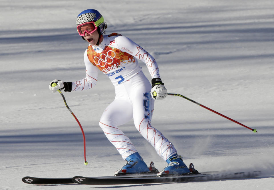 United States' Laurenne Ross comes to a fault at the end of a women's downhill training run for the Sochi 2014 Winter Olympics, Saturday, Feb. 8, 2014, in Krasnaya Polyana, Russia. (AP Photo/Gero Breloer)