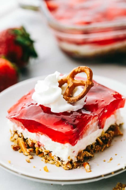 <p>The Recipe Critic</p><p>Always a classic with a sweet and salty pretzel crust, cream cheese middle and a jello strawberry layer on top.</p><p><strong>Get the recipe: <a href="https://therecipecritic.com/strawberry-pretzel-salad/" rel="nofollow noopener" target="_blank" data-ylk="slk:Strawberry Pretzel Salad;elm:context_link;itc:0;sec:content-canvas" class="link ">Strawberry Pretzel Salad</a></strong></p>