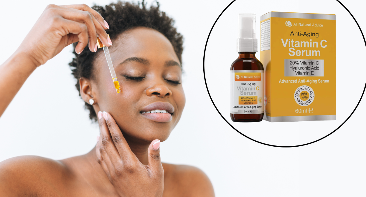 black woman with short hair applying serum to face, anti-aging vitamin c serum in black circle, amazon prime day deal amazon canada 