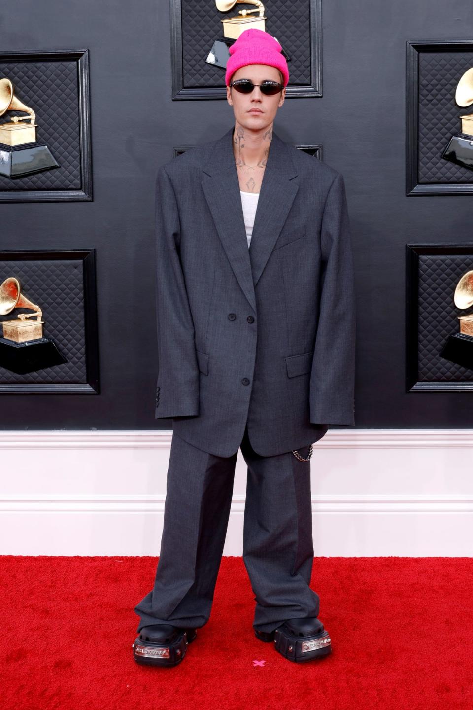 Justin Bieber wearing Croc-esque Balenciaga shoes to the 2022 Grammys (Getty Images for The Recording A)