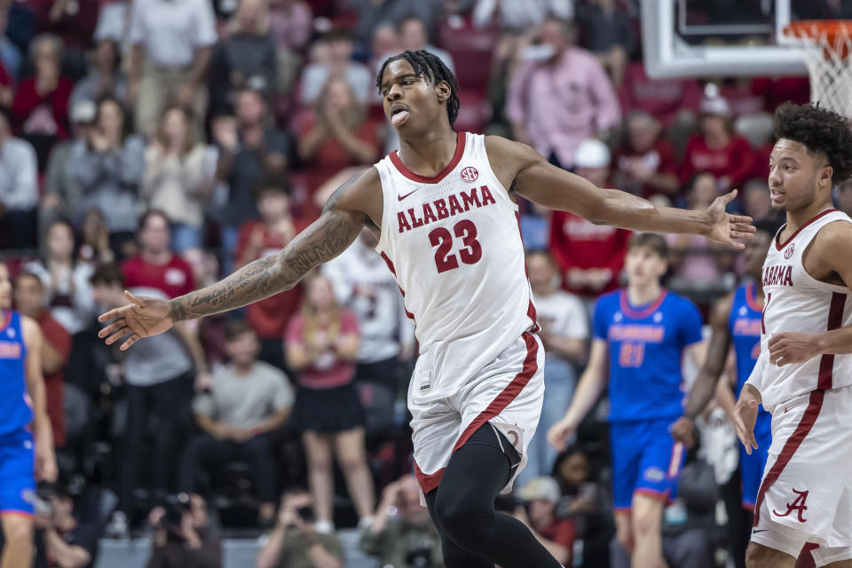 Alabama forward Nick Pringle (23) celebrates after a score against Florida during the second half of an NCAA college basketball game Wednesday, Feb. 21, 2024, in Tuscaloosa, Ala. (AP Photo/Vasha Hunt)