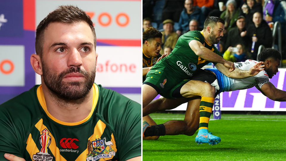 James Tedesco (pictured left) during a press conference and (pictured right) Tedesco making a tackle against Fiji.