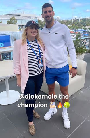 <p>Rebel Wilson/Instagram</p> Rebel Wilson and Novak Djokovic pose at the 2024 Australian Open