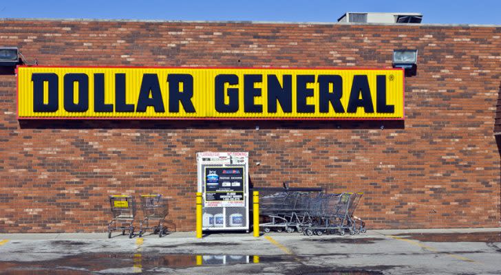 The logo for Dollar General Corp (DG) is displayed on a discount storefront.