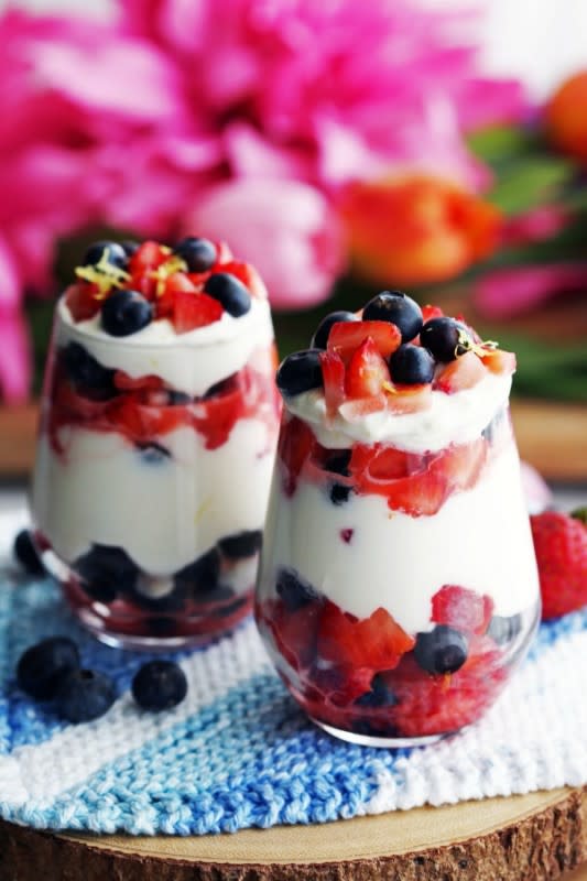 <p>Yay For Food</p><p>Fresh, sweet and tart strawberries and blueberries layered with mascarpone-yogurt cream make a delicious no-bake dessert recipe that’s super-easy and fast to put together.</p><p><strong>Get the recipe: <a href="https://www.yayforfood.com/recipes/fresh-berries-honey-lemon-mascarpone-cream/" rel="nofollow noopener" target="_blank" data-ylk="slk:Fresh Berries with Honey Lemon Mascarpone Cream for Two;elm:context_link;itc:0;sec:content-canvas" class="link rapid-noclick-resp">Fresh Berries with Honey Lemon Mascarpone Cream for Two</a></strong></p>