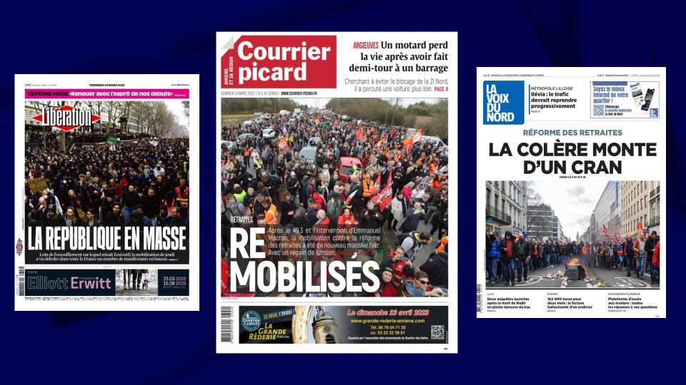 Les unes de la presse au lendemain de la 9e journée de mobilisation contre les retraites, le 24 mars 2023 - BFMTV