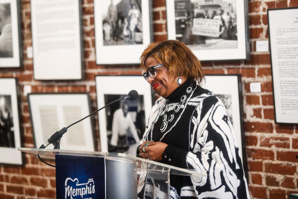 Rosalind Withers, daughter of the civil rights photojournalist Ernest Withers, speaks during the announcement, through the partnerships of the Tennessee Department of Tourist Development and Memphis tourism, of the Withers Collection Museum & Gallery becoming a new Tennessee site on the U.S. Civil Rights Trail at 333 Beale Street on Tuesday, Feb. 06, 2024 in Memphis, Tenn.