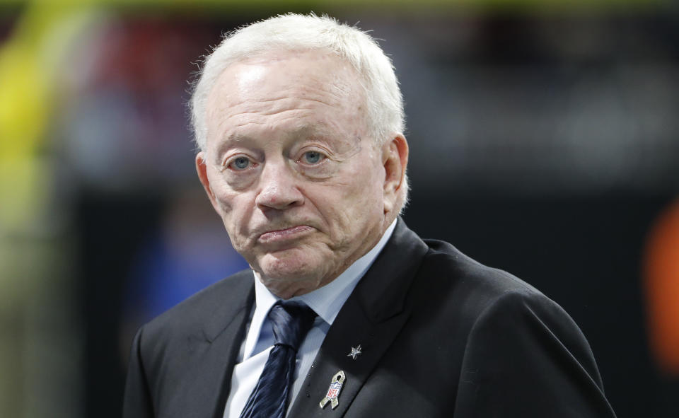 Jerry Jones' Cowboys took it on the chin on Sunday in a loss to the Atlanta Falcons, who are owned by a man Jones is at odds with over Roger Goodell. (AP) 