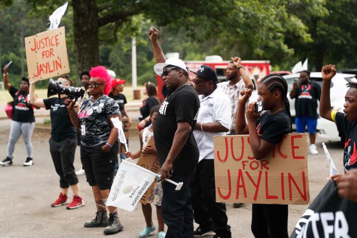 The family and friends of Jaylin McKenzie, a 20-year-old who was killed after a Memphis Police Department traffic stop in December 2022, held a memorial on June 10, 2023 at American Way Park in Memphis, Tennessee.