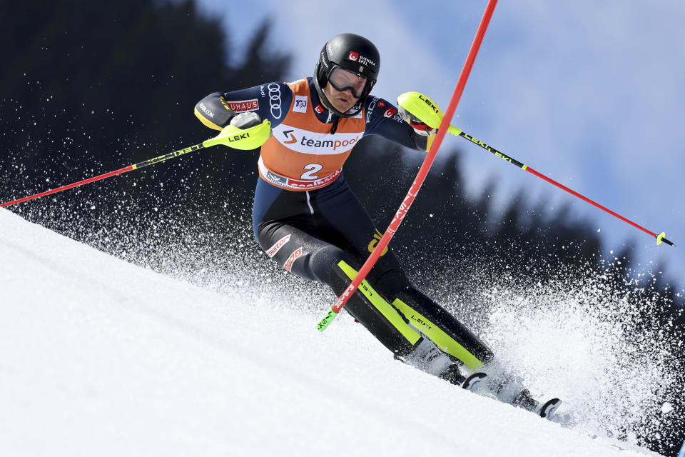 Sweden's Anna Swenn Larsson competes during the first run of an alpine ski, women's World Cup slalom race, in Saalbach, Austria, Saturday, March 16, 2024. (AP Photo/Marco Trovati)