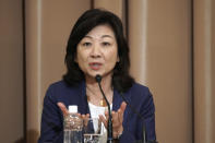 Seiko Noda, former internal affairs minister, one of candidates for the presidential election of the ruling Liberal Democratic Party speaks during a debate session held by Japan National Press club Saturday, Sept. 18, 2021 in Tokyo. The contenders are also Taro Kono, the cabinet minister in charge of vaccinations, Fumio Kishida, former foreign minister, Sanae Takaichi, former internal affairs minister. (AP Photo/Eugene Hoshiko, Pool)