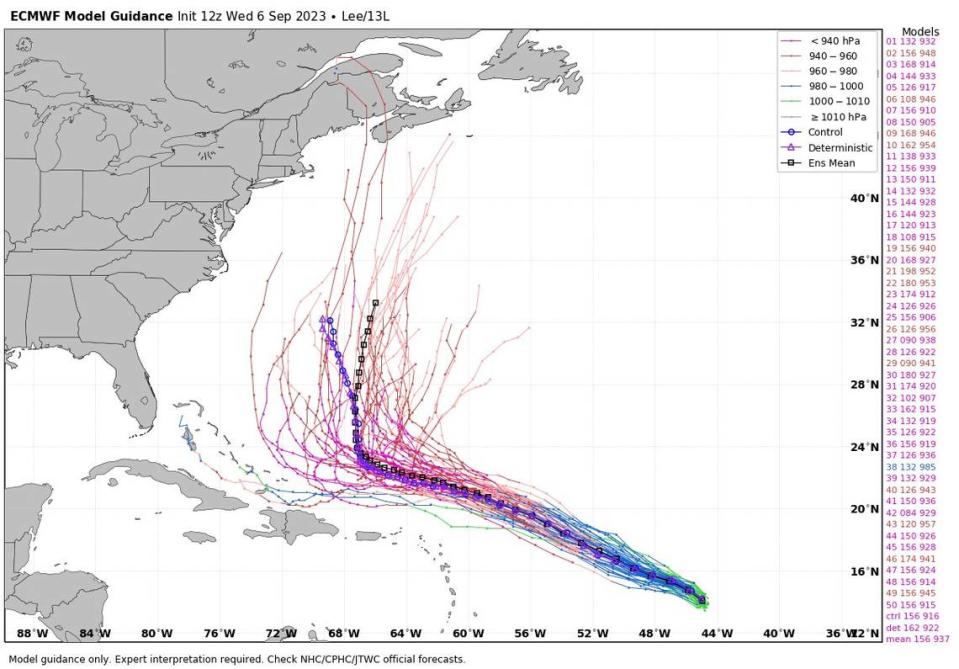 Hurricane Lee spaghetti model of track on Thursday, Sept. 7, 2023.