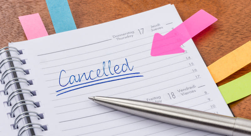 A calendar that says "Cancelled" on the date