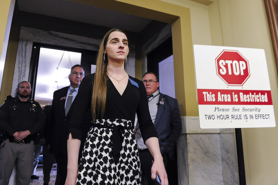 Rep. Zooey Zephyr, D-Missoula, walks out of the Montana House of Representatives after lawmakers voted to ban her from the chamber on Wednesday, April 26, 2023, in the State Capitol in Helena, Montana. Zephyr was barred from participating on the House floor as Republican leaders voted Wednesday to silence her for the rest of 2023 session after she protested GOP leaders’ decision earlier in the week to silence her. (Thom Bridge/Independent Record via AP)
