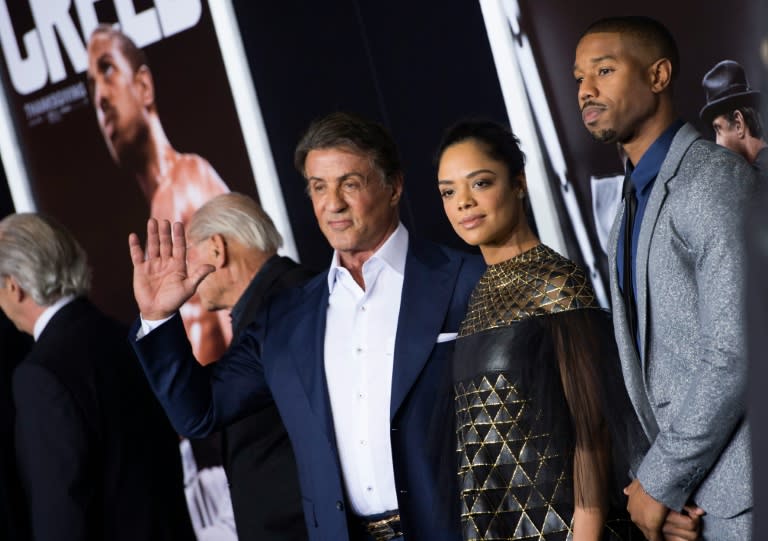 (L-R) Actor/producer Sylvester Stallone and actors Tessa Thompson and Michael B. Jordan attend the Los Angeles World Premiere of "Creed", in Westwood, California, on November 19, 2015