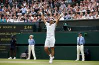 Britain Tennis - Wimbledon - All England Lawn Tennis & Croquet Club, Wimbledon, England - 1/7/16 Argentina's Juan Martin Del Potro celebrates winning his match against Switzerland's Stan Wawrinka REUTERS/Paul Childs