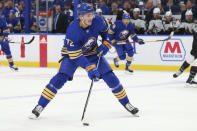 Buffalo Sabres forward Tage Thompson (72) controls the puck during the first period of an NHL hockey game against the Arizona Coyotes, Saturday, Oct. 16, 2021, in Buffalo, N.Y. (AP Photo/Jeffrey T. Barnes)