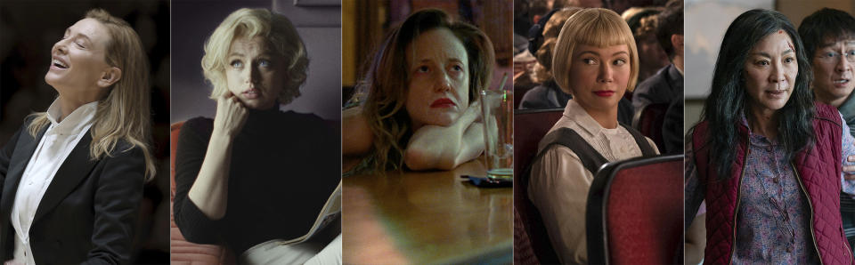 Esta combinación de fotografías muestra a las nominadas a mejor actriz de los Premios de la Academia, de izquierda a derecha, Cate Blanchett en "Tár", Ana de Armas en "Blonde", Andrea Riseborough en "To Leslie", Michelle Williams en "The Fabelmans" y Michelle Yeoh en "Everything Everywhere All at Once". (Focus Features/Netflix/Momentum Pictures/Universal/A24 vía AP)