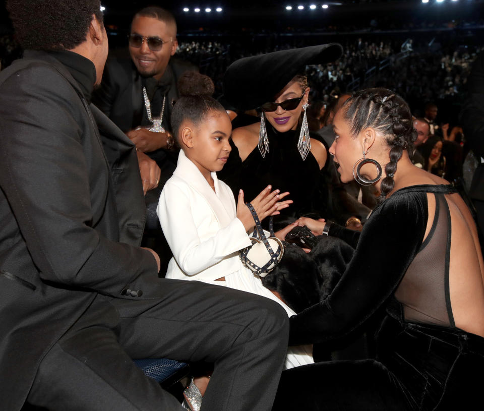 (L-R) Jay-Z, NAS, Blue Ivy, Beyoncé, and Alicia Keys at the 2018 GRAMMYs