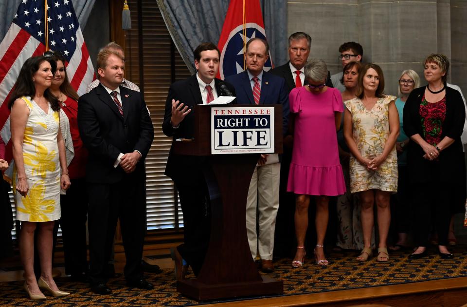 Will Brewer, legal council and legislative liaison for the Tennessee Right to Life, speaks  during a press conference after the United States Supreme Court overturned Roe v. Wade, ending constitutional right to abortion on Friday, June 24, 2022, in Nashville, Tenn.  