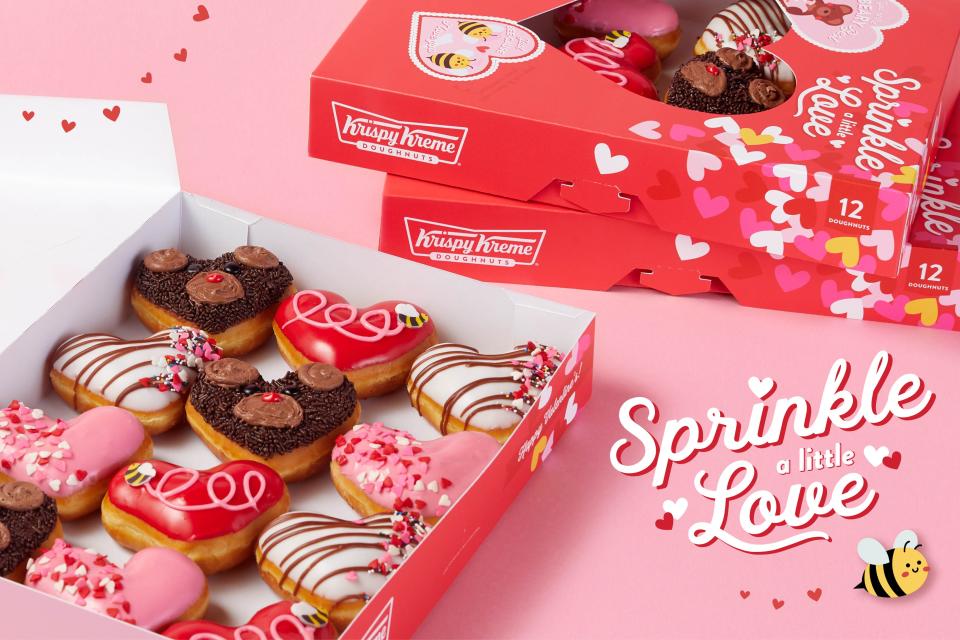 Krispy Kreme has heart-shaped doughnuts for Valentine's Day.