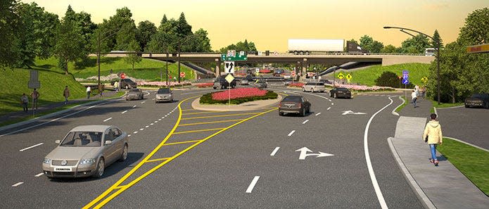 A rendering shows what the diverging-diamond interchange would look like from a car's perspective. The full project is estimated to be complete by summer 2026.