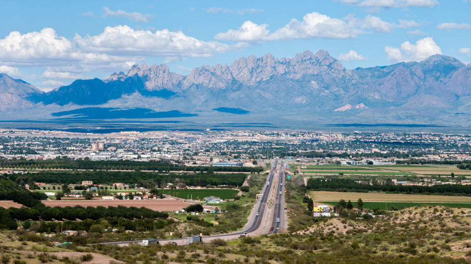 This scenic view shows the city of Las Cruces, New Mexico and the distant Organ Mountains.