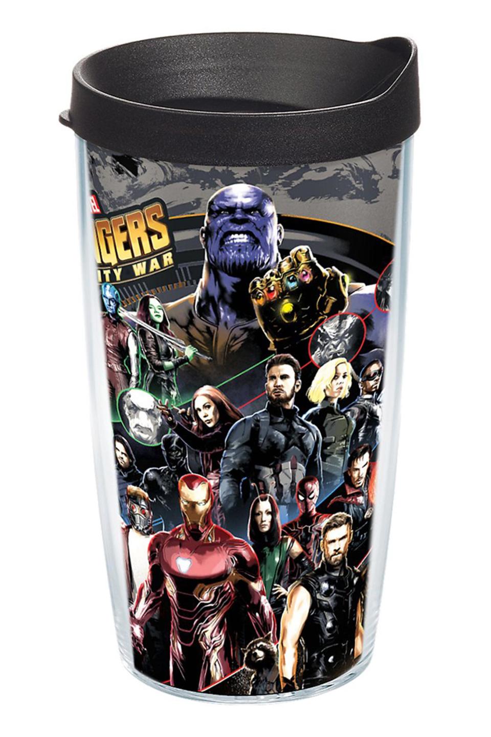 <b>Buy It! </b>Tervis Marvel Avengers Infinity War Insulated Tumbler, $18.95; <a href="https://www.amazon.com/Tervis-1293723-Marvel-Avengers-Infinity-Insulated/dp/B07CNSSQT2/ref=as_li_ss_tl?ie=UTF8&linkCode=ll1&tag=ewavengersendgamegearawarner419-20&linkId=dad5c72add993fbf38382590cf0928d0&language=en_US" rel="nofollow noopener" target="_blank" data-ylk="slk:amazon.com;elm:context_link;itc:0;sec:content-canvas" class="link ">amazon.com</a>