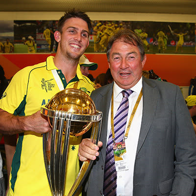 Mitchell Marsh celebrates with father Geoff.