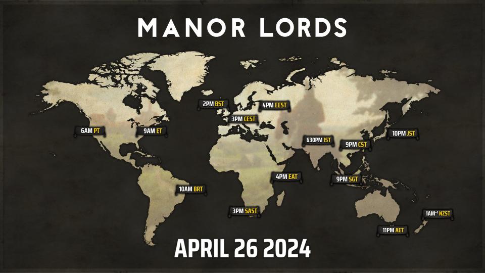 A Manor Lords graphic showcasing when the city builder releases