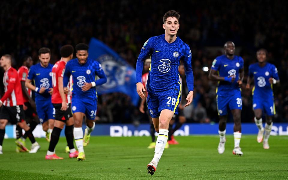  Kai Havertz of Chelsea celebrates after scoring their side's first goal during the Carabao Cup Round of 16 match between Chelsea and Southampton at Stamford Bridge on October 26, 2021 in London - GETTY IMAGES