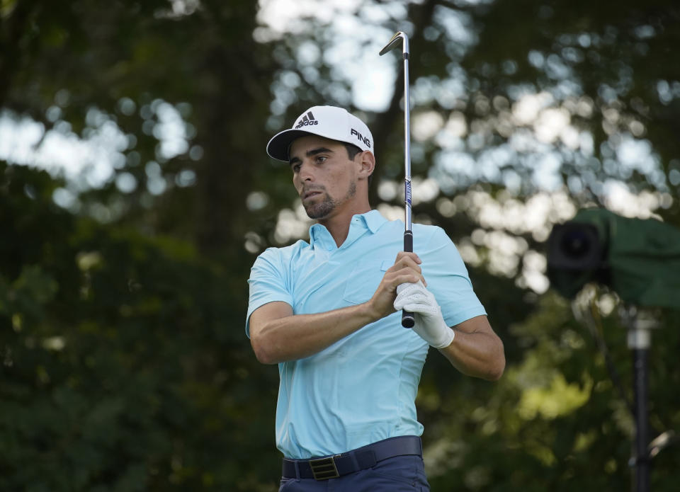 Joaquin Niemann tees off on the 13th during the second round of the LIV Golf Invitational-Boston tournament, Saturday, Sept. 3, 2022, in Bolton, Mass. (AP Photo/Mary Schwalm)