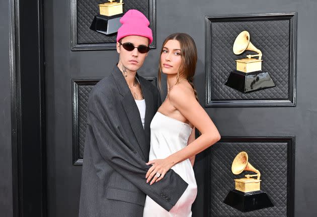 Justin Bieber and Hailey Bieber at the 2022 Grammys in Las Vegas, Nevada.