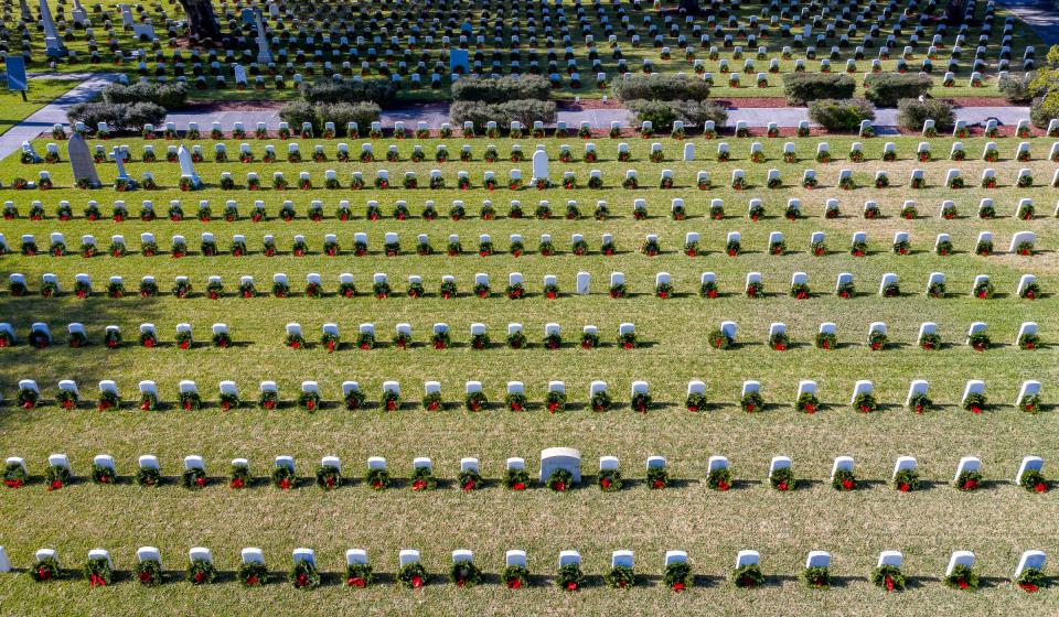 Volunteers place Christmas wreaths on graves in the St. Augustine National Cemetery on Friday, Dec. 18, 2020. The effort is part of a national program called Wreaths Across America that decorates graves of veterans at more than 2,100 cemeteries across the United States including Arlington National Cemetery.