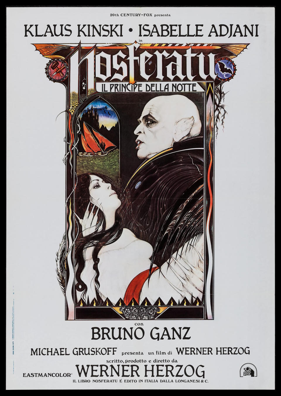 The poster for Nosferatu the Vampyre shows an illustration of the titular monster holding Isabelle Adjani as Lucy Harker